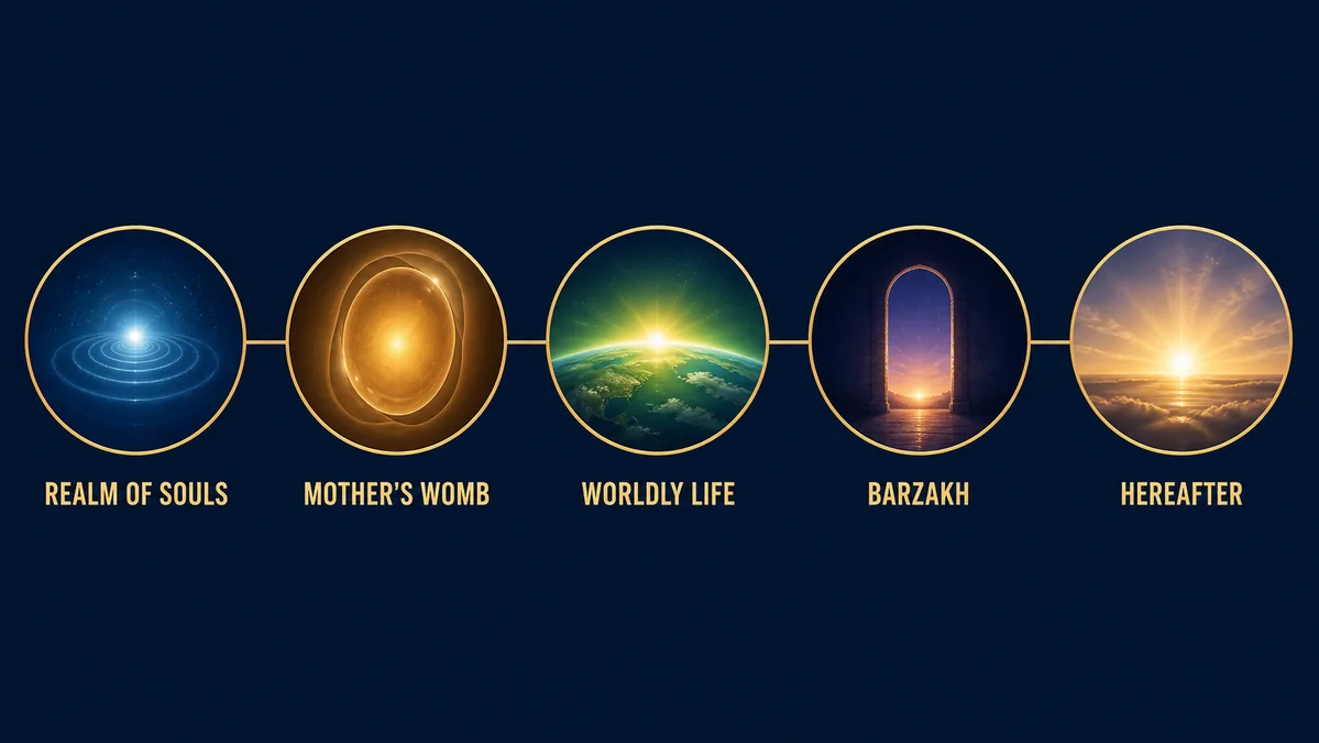 Conceptual sequence of the realm of souls, womb, worldly life, Barzakh and the Hereafter