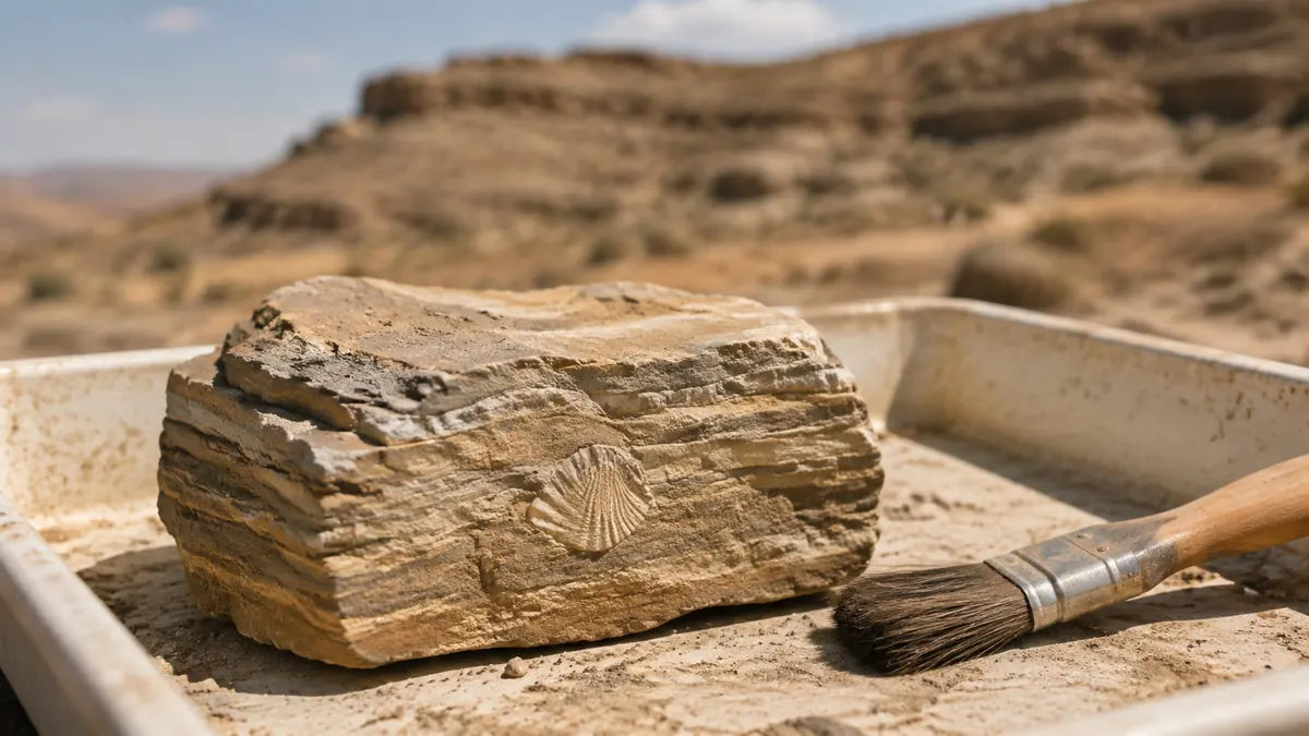 A shell impression in layered sedimentary rock beside a field brush
