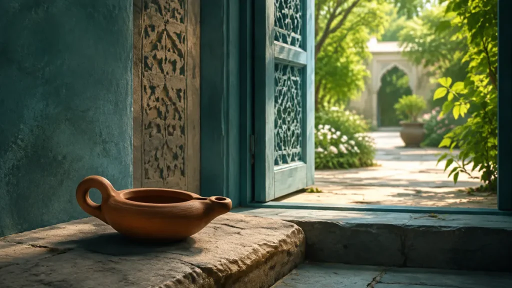An unlit clay lamp beside an open doorway leading to a sunlit garden