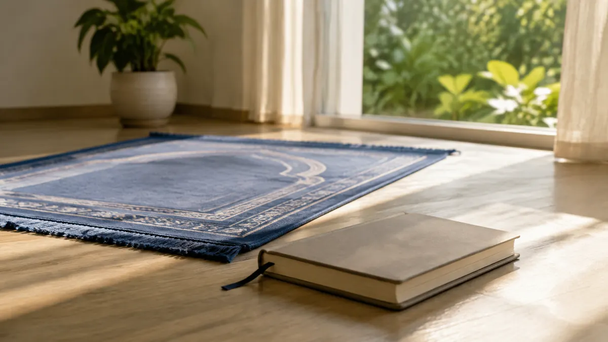 A prayer rug and a closed journal beside a sunlit window in a quiet room