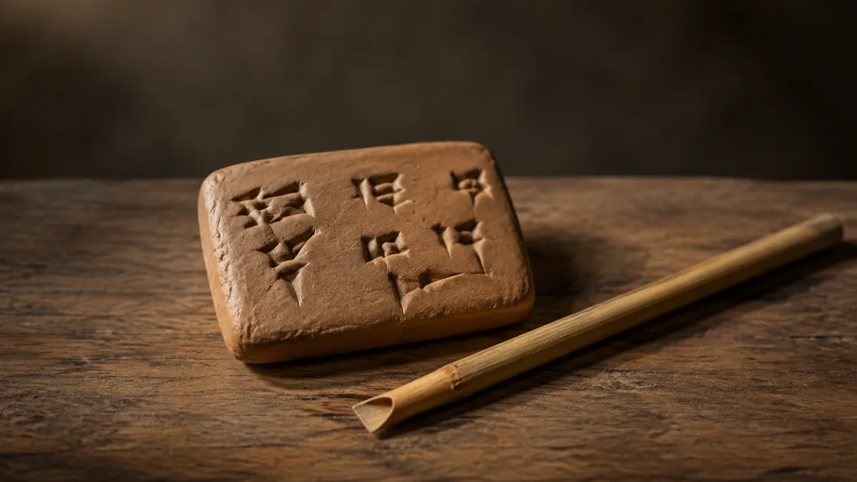 A clay tablet with abstract impressions beside a reed stylus