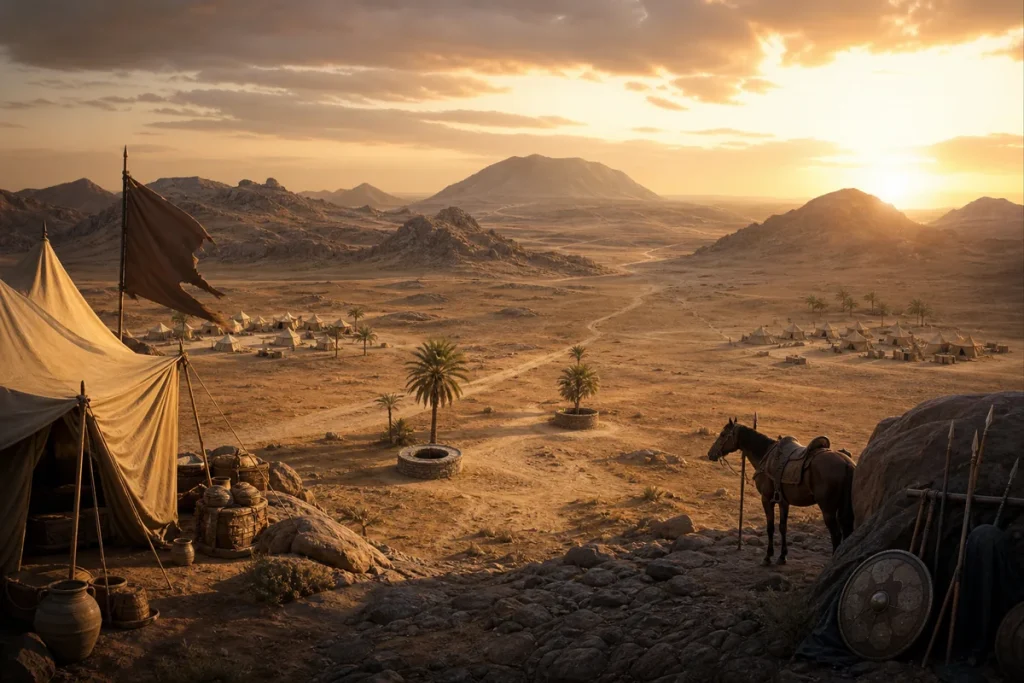 Desert wells and encampments illustrating preparations before the Battle of Badr
