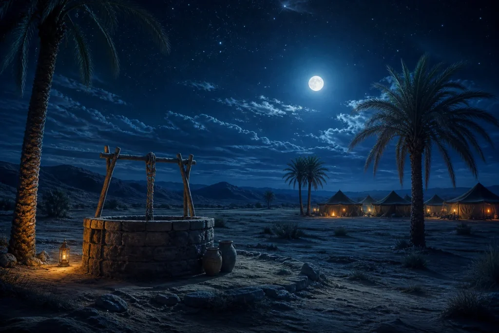 Part 34 – On the Eve of the Battle of Badr Moonlit desert well and distant camp on the eve of the Battle of Badr