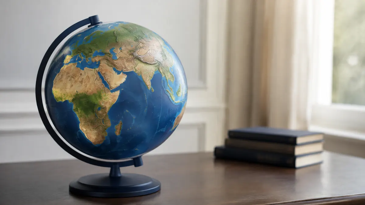 An educational globe showing Africa, Eurasia and surrounding oceans