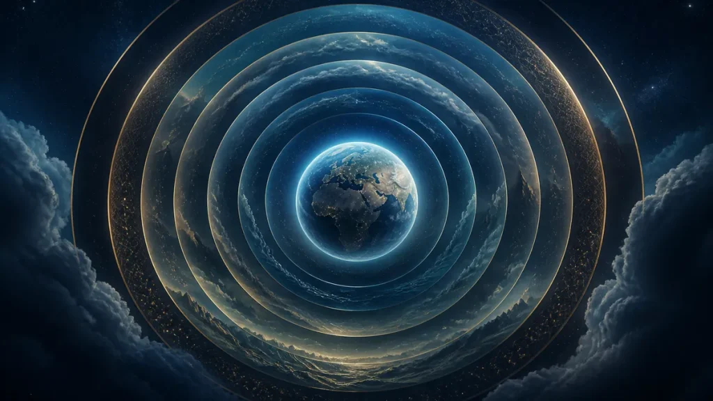 Conceptual illustration of Earth surrounded by seven luminous cosmic layers