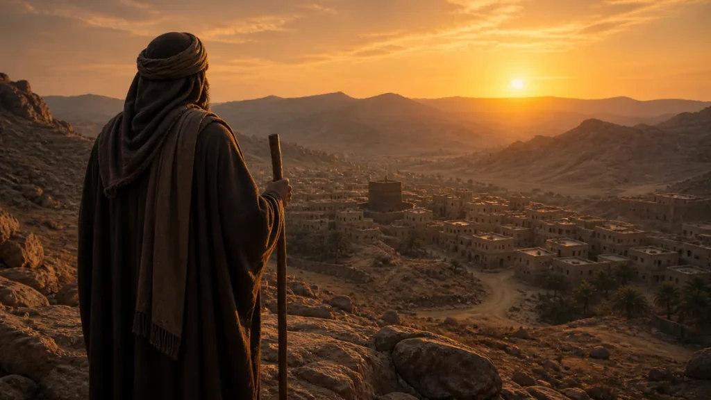 Episode 1 – Al-Farooq – Introduction Anonymous seventh-century traveler overlooking early Makkah at sunrise