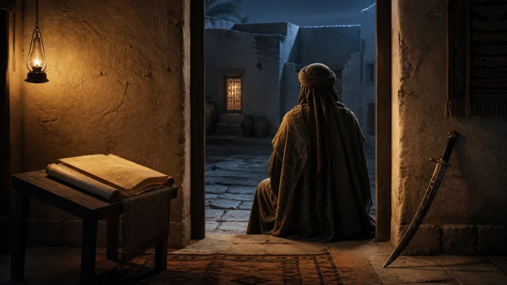 Episode 2 – Al-Farooq – Early Life and Conversion to Islam Symbolic seventh-century Meccan courtyard scene representing a change of heart