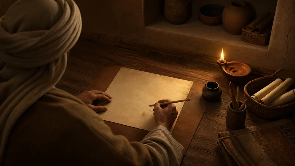 Episode 4 – Al-Farooq Umar’s passion for knowledge Seventh-century study scene with parchment, reed pen and oil lamp