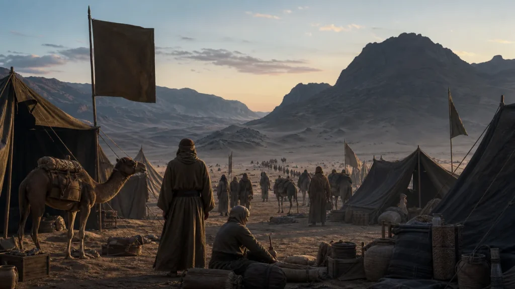 Seventh-century Arabian expedition camp preparing supplies at dawn