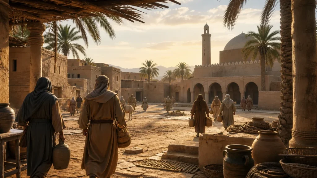 Early Medina community courtyard with residents carrying water and supplies