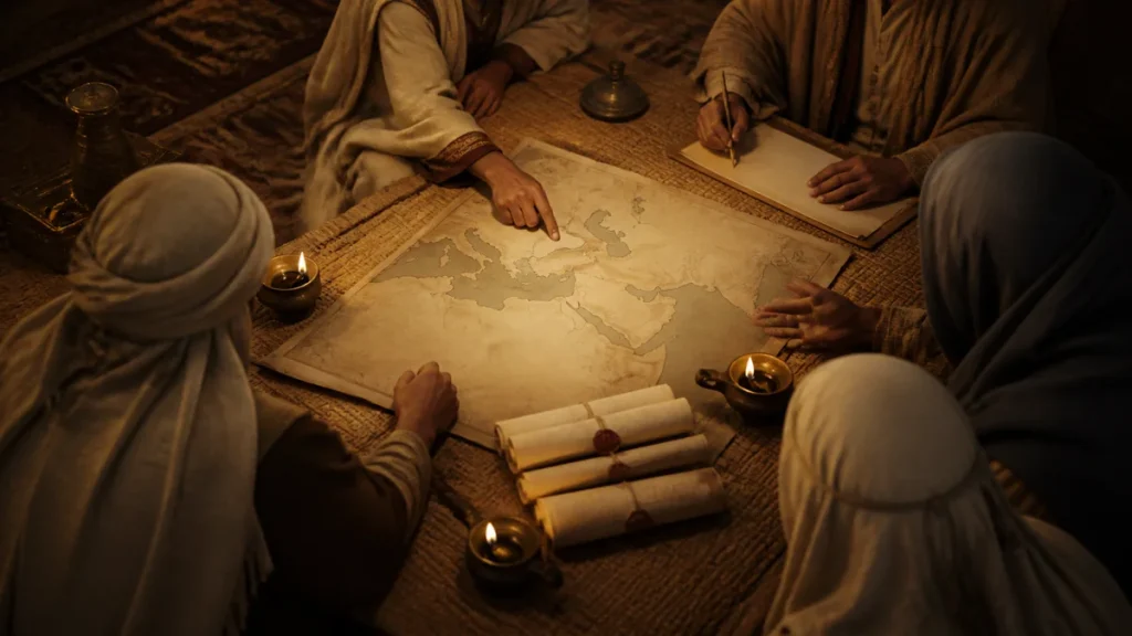 Anonymous seventh-century advisers consulting an unmarked regional map