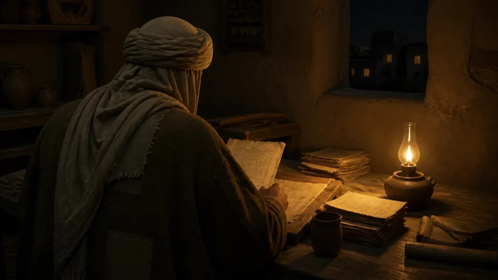 Episode 9 – Umar ibn al-Khattab Becomes Caliph Humble seventh-century leader reviewing public accounts by lamplight