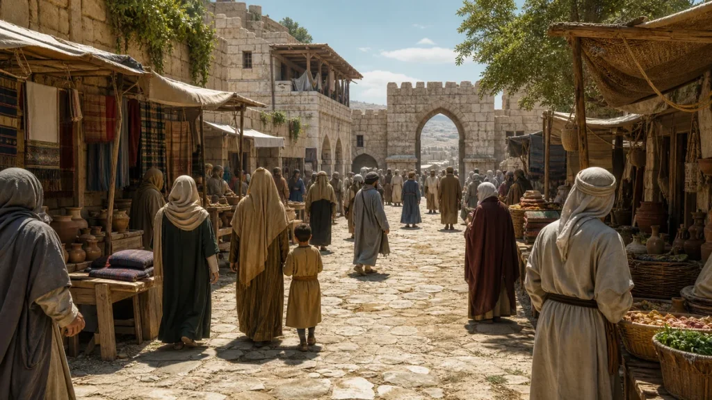 Peaceful seventh-century Levantine market with diverse merchants and families