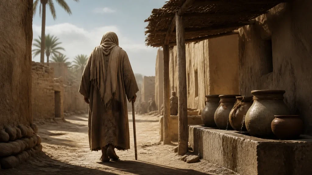 Anonymous leader in a mended cloak walking through a Medina street