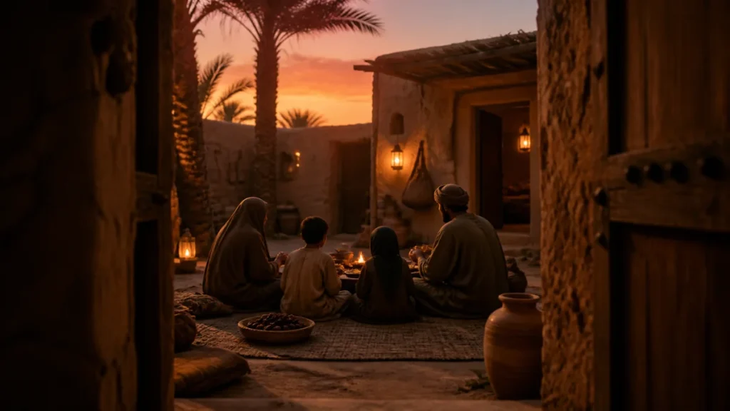 Modest seventh-century family courtyard at sunset