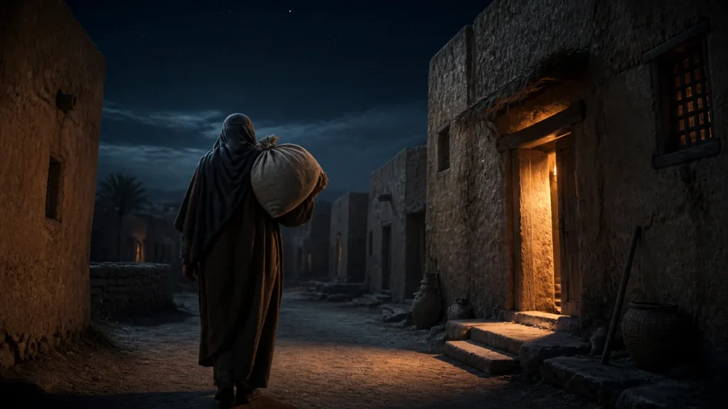 Anonymous helper carrying a sack of flour through Medina at night
