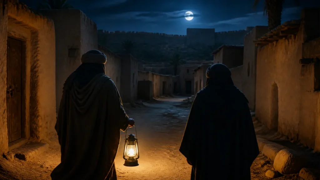 Anonymous night patrol walking through a Medina street with an oil lantern