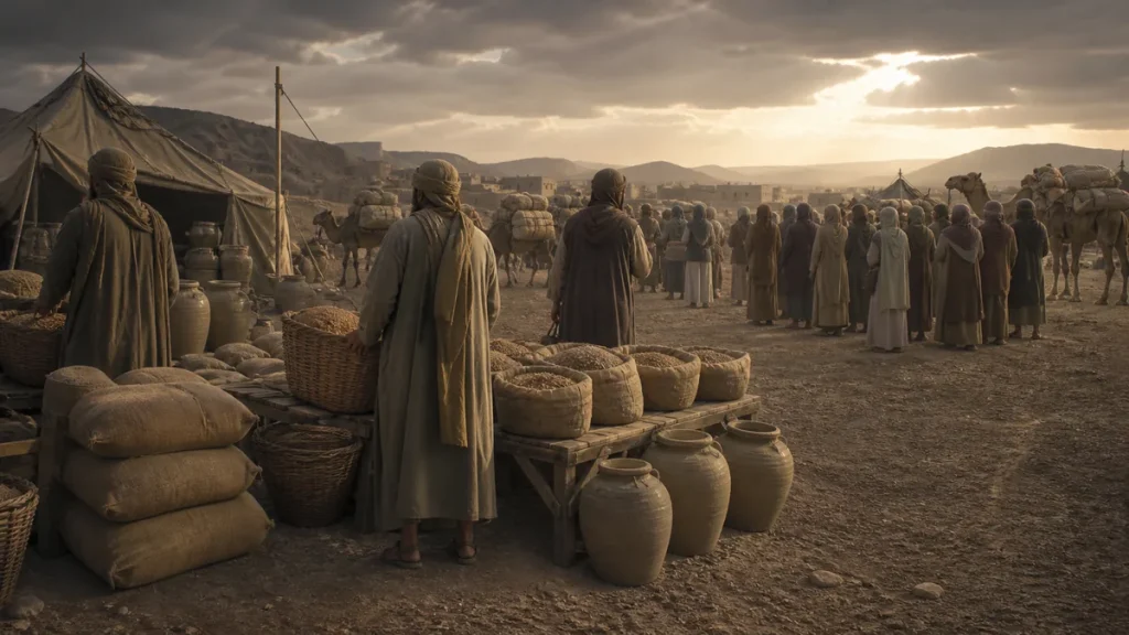 Organized drought relief distributing grain and water in a desert settlement