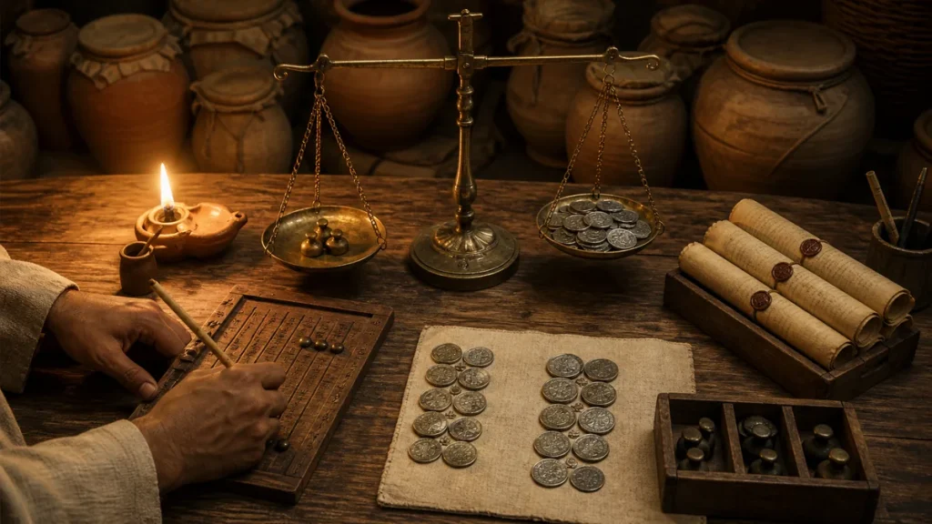 Seventh-century public-finance desk with coins, scales and unmarked parchments