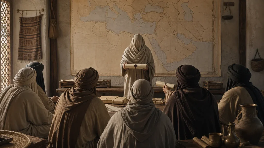 Anonymous regional governors receiving sealed scrolls around a route map