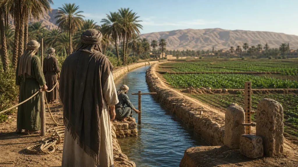 Seventh-century irrigation canal inspection beside cultivated fields