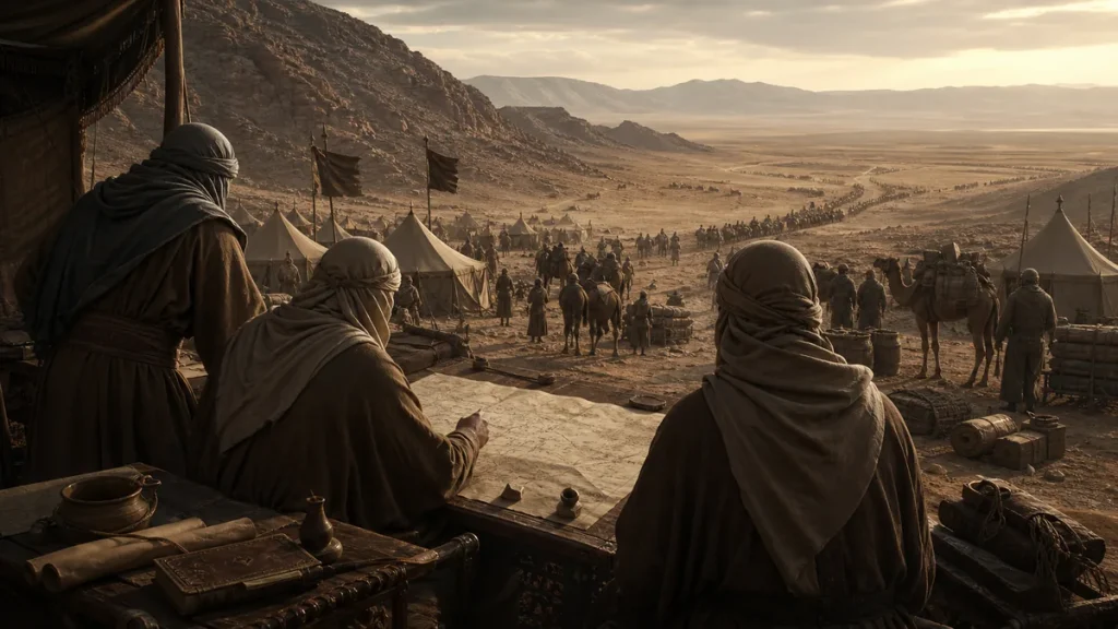Anonymous commanders planning campaign logistics at a desert encampment