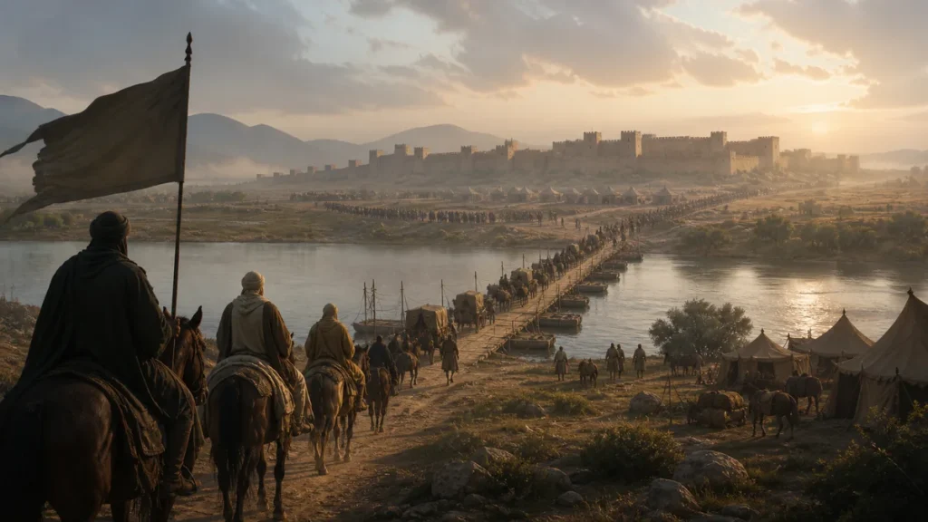 Organized seventh-century river crossing toward a distant fortified city
