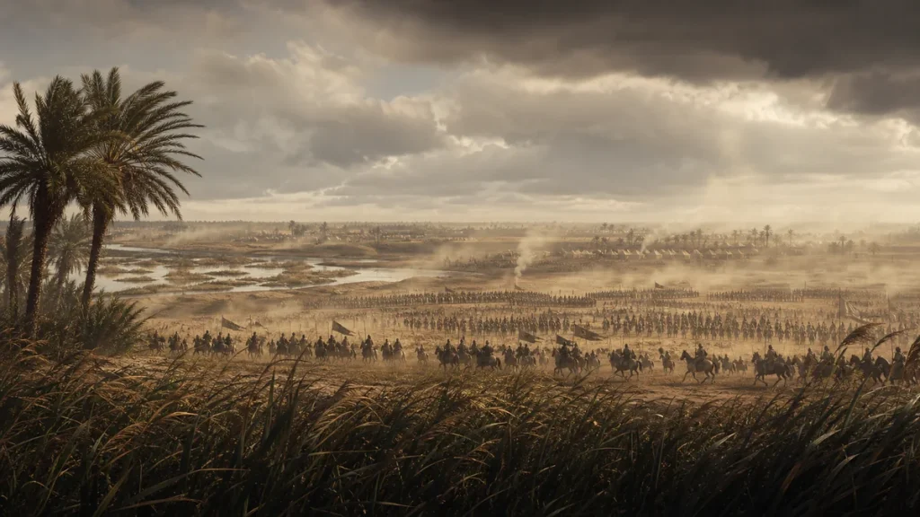 Distant cavalry formations on the windswept plain of Qadisiyyah