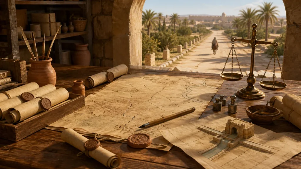 Administrative still life with scales, sealed scrolls and an unmarked route map