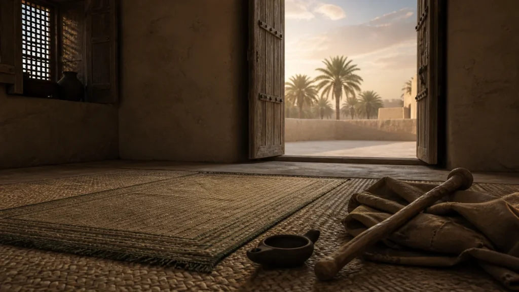 Empty prayer mat, wooden staff and patched cloak in a dawn Medina interior